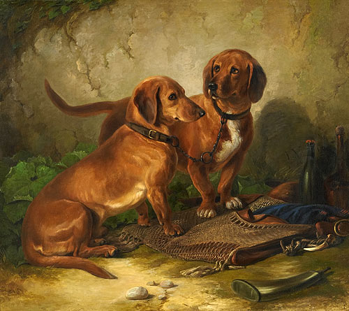 Ludwig Voltz - A couple of dachshunds while resting after the foxhunting