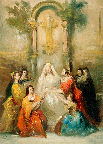 Carl Theodor von Piloty - Adoration of the Virgin Mary in monastery garden
