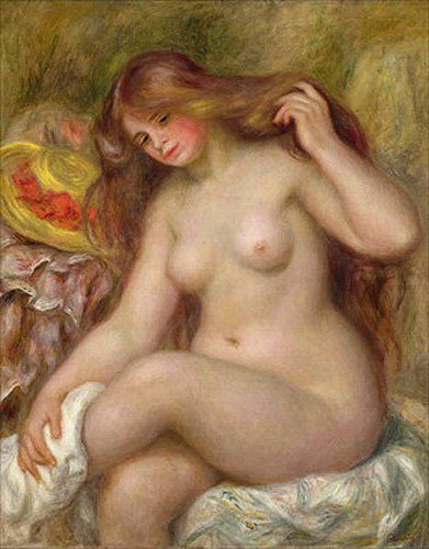 Pierre-Auguste Renoir - After taking a shower. Young girl with long blonde hair 