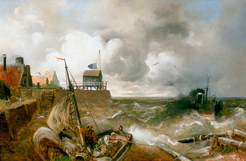 Andreas Achenbach - Arising storm over the coast harbor