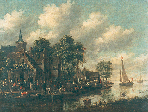 Thomas Heeremans - Busy village at waterside of a canal with boats