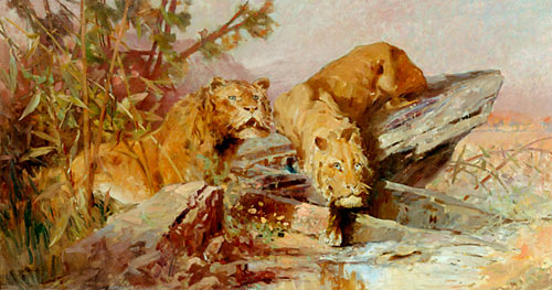 Joseph Brunner - Couple of lions at the drinking trough