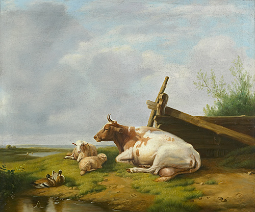 Monogrammist AVF Belgischer Maler - cow,sheeps and ducks