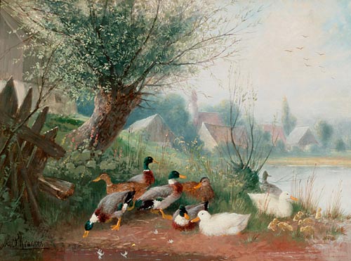 Julius Scheuerer - Ducks at the pond near a mill