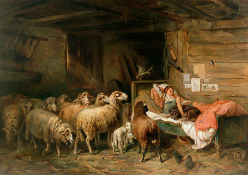 Otto Gebler - Flock of sheep and sleeping shepherd in a stable