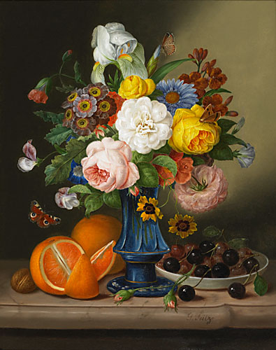 Johann Georg Seitz - Floral and fruit still life with butterflies