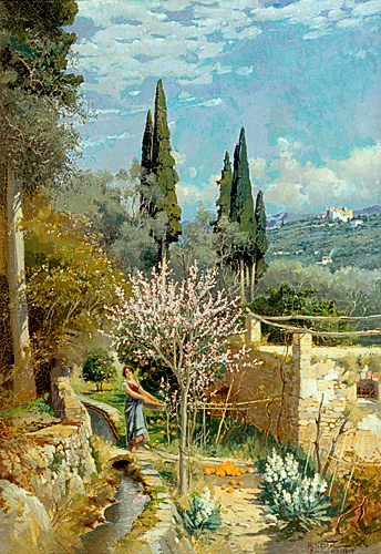 Hermann Nestel - Flowering orchard in south italian landscape