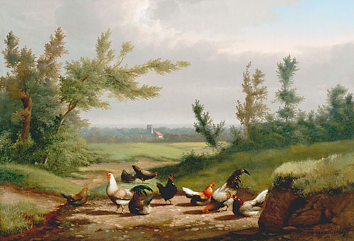 J.L. Leemputten - Fowls in wide landscape