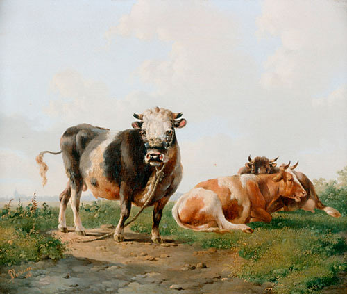Albertus Verhoesen - Grasslands in the Netherlands with resting cows