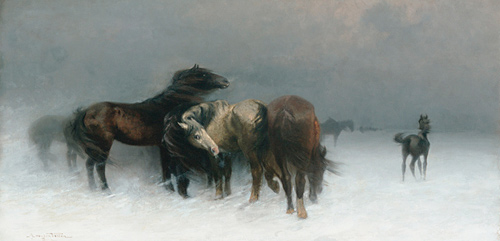 Adolf van den Velden - Horses in an upcoming snow storm