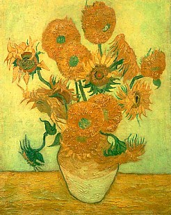 Vincent van Gogh - 14 Sunflowers in a vase in front of a green background 
