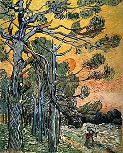 Vincent van Gogh - Pines, setting sun and female figur