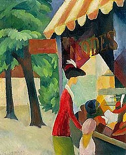 August Macke - In front of the hat shop (Woman wearing a red jacket and a child)