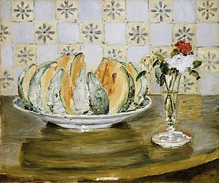 Pierre-Auguste Renoir - Still life of a melon and a vase of flowers