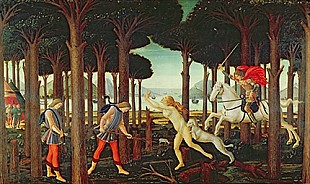 Sandro Botticelli - The Story of Nastagio degli Onesti: Nastagio's Vision of the Ghostly Pursuit in 