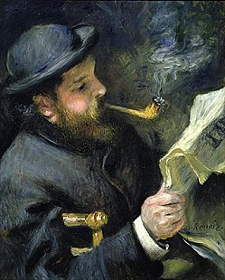 Pierre-Auguste Renoir - Painting of Claude Monet while reading a newspaper and smoking pipe