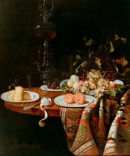 Johann Georg Hinz (Hainz) - Still life with numerous of fruits, glass cup, china scarves and carpet