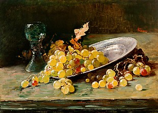 Carl Herrmann - Still life with grapes, tin shell and green Roman-glass