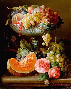 Rosa Schweninger - Still life with numerous of fruits and blooming red roses