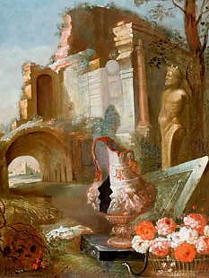 Hubert Robert - Basket of roses in a landscape of ruins