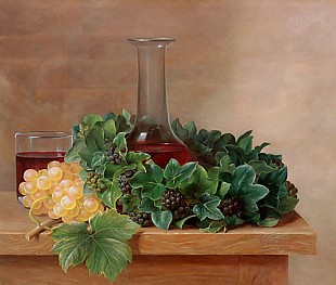 Johan Laurentz Jensen - Still life with grape, laurel wreath and red wine