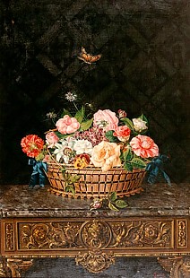 Miguel Parra - Roses, carnations,lilac and viola in a basket
