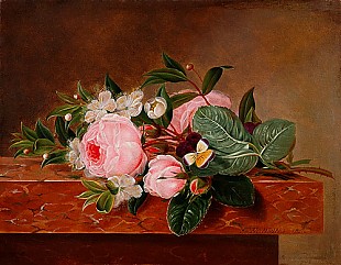 Frederike Wanding - Flowers still life with roses, viola and blooming branches
