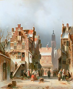 Charles Leickert - Market goings at a winter day in a Dutch city