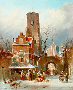 Charles Leickert - Market day on the snow-covered place at the city gate