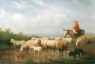 Valere Verheust - Sheep herd and sheperd in the shallow water at the river bank