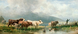 Friedrich Voltz - Cows and ducks at the bank of a lake in the mountains