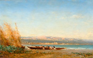 Felix Ziem - Oriental scene with fishermen and boats at the lake bank