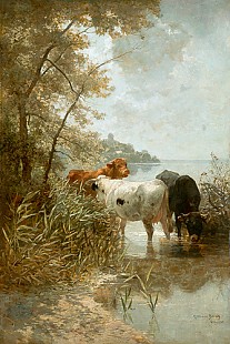 Hermann Baisch - Cows at the bank of lake Constance near Meersburg