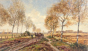 Heinrich Hermanns - Autumn birch aley with horse wagon