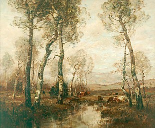 Louis-Aime Japy - Cows at a watering place in a birch grove