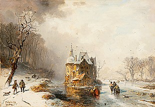 Carl Hilgers - Snowy riverscape with moated castle