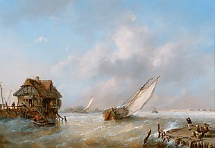 Andreas Schelfhout - Coasts harbor with homecoming boats