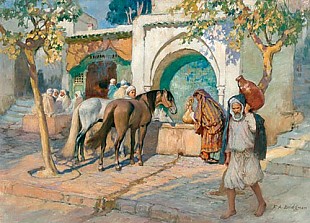 Frederick Arthur Bridgmann - Oriental scene with arabs and horses at a shadily place with a fountain