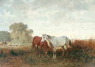 Emil Adam - Landscape with horses and sheep