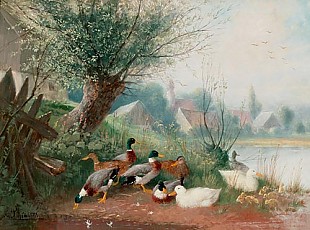 Julius Scheuerer - Ducks at the pond near a mill
