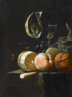 Willem Kalf - zugeschr. - Still life with fruits and glas
