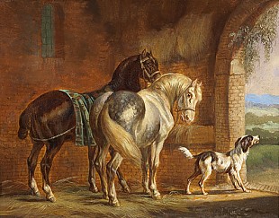 Albertus Verhoesen - Interior of the stable with horses