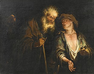 Niederländischer Caravaggist - Blind old man escorted by young man
