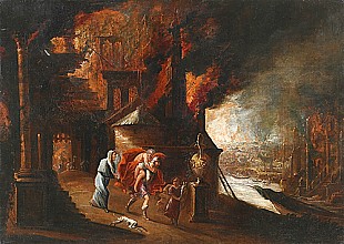 Italienischer Maler - Burning Troja with the flight of Aeneas