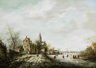 Andreas Schelfhout - Winter landscape with ice skater