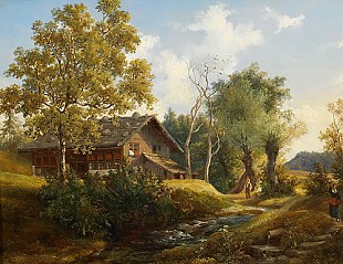 Französischer Landschaftsmale - Swiss landscape with alpine hut