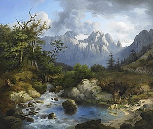 Johann Philipp Meinel - Summer alps landscape with hunters