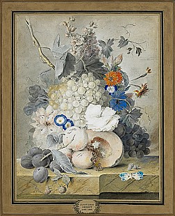 Albertus Jonas Brandt - Flower stillife with fruits and butterfly