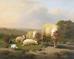 Eugène Joseph Verboeckhoven - Summery gracescene with sheeps and chicken