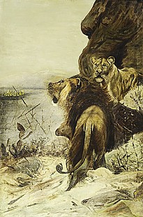 Paul Friedrich Meyerheim - Lions in a rocky landscape